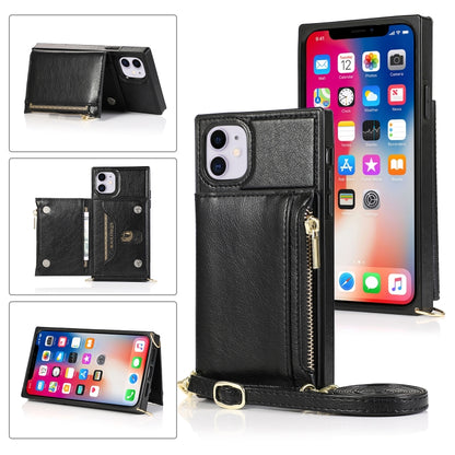 For iPhone 11 Square Zipper Wallet Bag TPU+PU Back Cover Case with Holder & Card Slots & Wallet & Cross-body Strap (Black) by buy2fix
