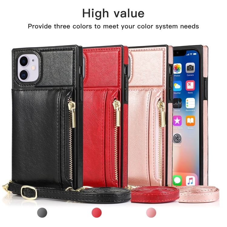 For iPhone 11 Square Zipper Wallet Bag TPU+PU Back Cover Case with Holder & Card Slots & Wallet & Cross-body Strap (Black) by buy2fix