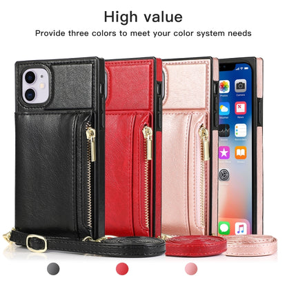 For iPhone 11 Square Zipper Wallet Bag TPU+PU Back Cover Case with Holder & Card Slots & Wallet & Cross-body Strap (Black) by buy2fix