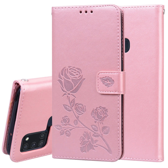 For Samsung Galaxy A21s Rose Embossed Horizontal Flip PU Leather Case with Holder & Card Slots & Wallet(Rose Gold)