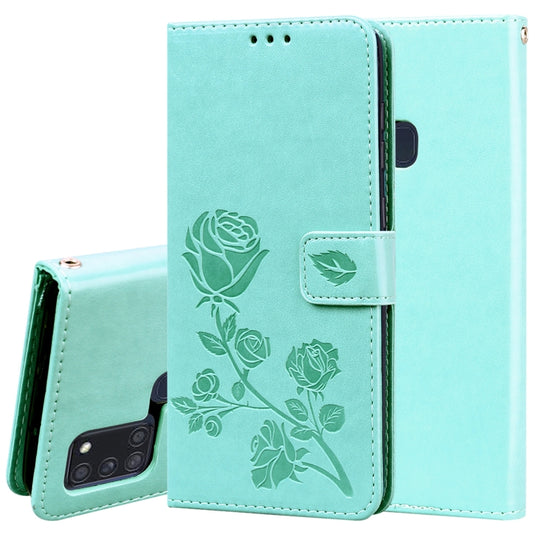 For Samsung Galaxy A21s Rose Embossed Horizontal Flip PU Leather Case with Holder & Card Slots & Wallet(Green)