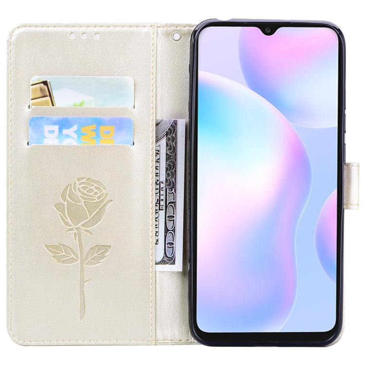 For Xiaomi Redmi 9A Rose Embossed Horizontal Flip PU Leather Case with Holder & Card Slots & Wallet(Gold) by buy2fix