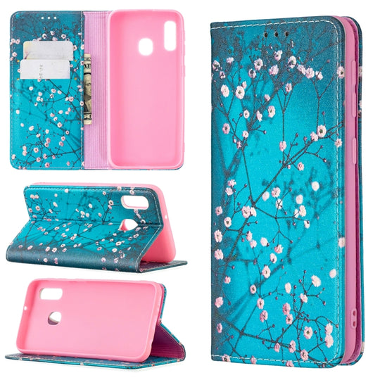 For Samsung Galaxy A10e / A20e Colored Drawing Pattern Invisible Magnetic Horizontal Flip PU Leather Case with Holder & Card Slots & Wallet(Plum Blossom)