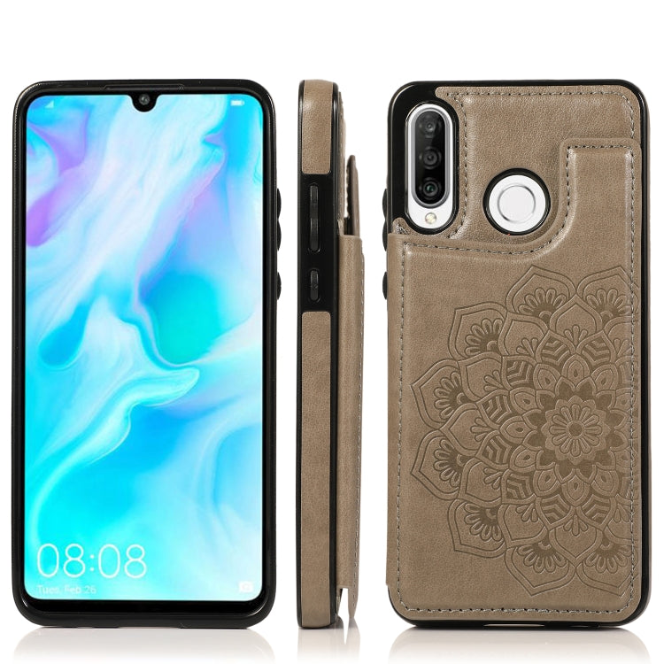 For Huawei P30 Lite Double Buckle Mandala Pattern PU+TPU Protective Case with Card Slots & Holder & Photo Frame(Grey) by buy2fix