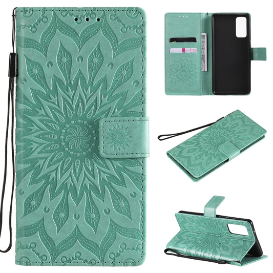 For Samsung Galaxy S20 FE Pressed Printing Sunflower Pattern Horizontal Flip PU Leather Case with Holder & Card Slots & Wallet & Lanyard(Green) by buy2fix