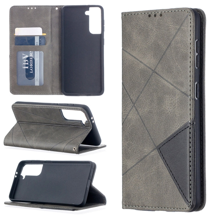 For Samsung Galaxy S21 5G Rhombus Texture Horizontal Flip Magnetic Leather Case with Holder & Card Slots(Grey) by buy2fix