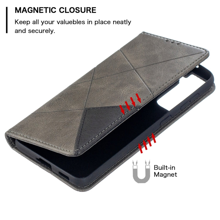 For Samsung Galaxy S21 5G Rhombus Texture Horizontal Flip Magnetic Leather Case with Holder & Card Slots(Grey) by buy2fix