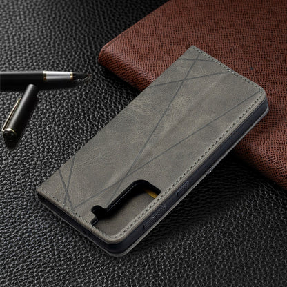 For Samsung Galaxy S21 5G Rhombus Texture Horizontal Flip Magnetic Leather Case with Holder & Card Slots(Grey) by buy2fix