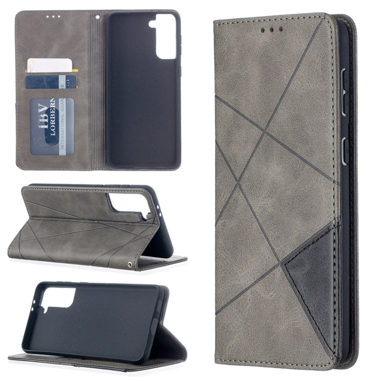 For Samsung Galaxy S21+ 5G Rhombus Texture Horizontal Flip Magnetic Leather Case with Holder & Card Slots(Grey) by buy2fix