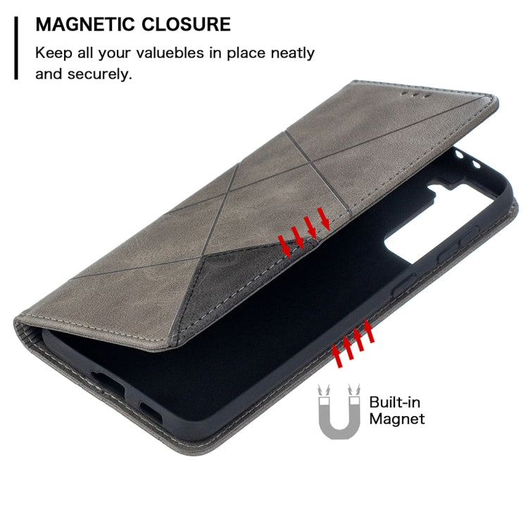 For Samsung Galaxy S21+ 5G Rhombus Texture Horizontal Flip Magnetic Leather Case with Holder & Card Slots(Grey) by buy2fix