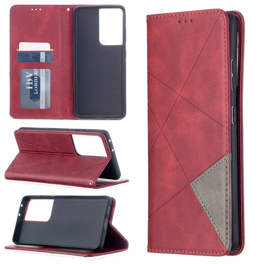 For Samsung Galaxy S21 Ultra 5G Rhombus Texture Horizontal Flip Magnetic Leather Case with Holder & Card Slots(Red)