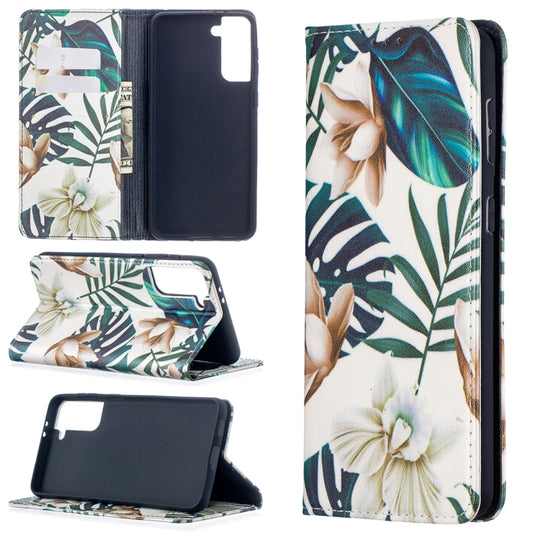 For Samsung Galaxy S21+ 5G Colored Drawing Pattern Invisible Magnetic Horizontal Flip PU Leather Case with Holder & Card Slots & Wallet(Red Leaves)