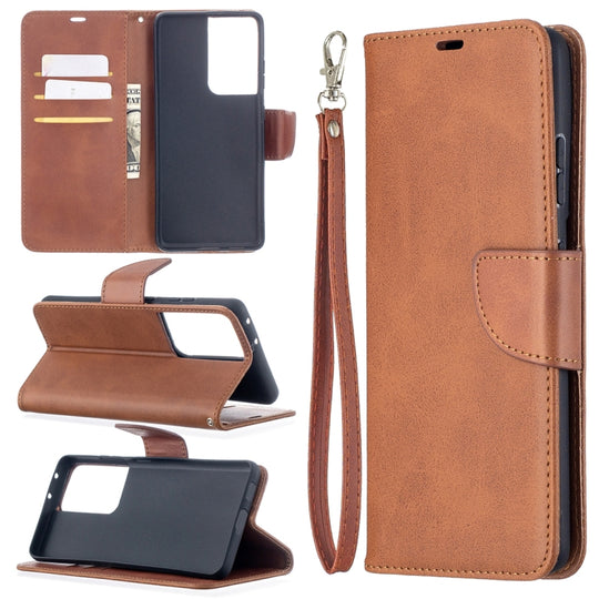 For Samsung Galaxy S21 Ultra 5G Lambskin Texture Pure Color Horizontal Flip PU Leather Case with Holder & Card Slots & Wallet & Lanyard(Brown)