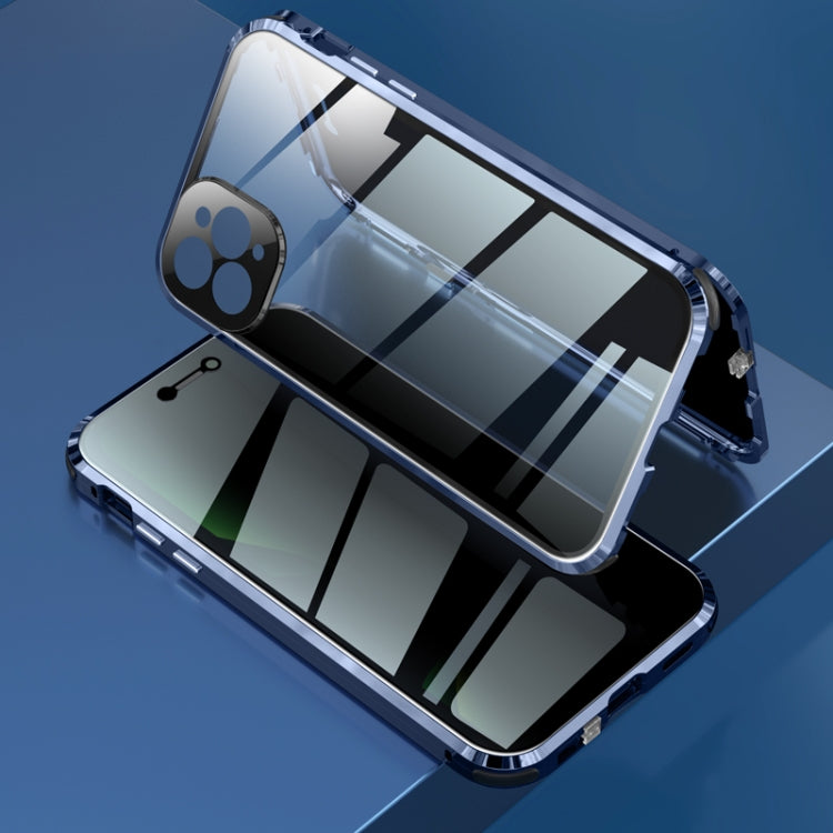 For iPhone 11 Pro Max Four-corner Shockproof Anti-peeping Magnetic Metal Frame Double-sided Tempered Glass Case (Blue) by buy2fix