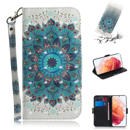For Samsung Galaxy S21 5G 3D Colored Drawing Horizontal Flip Leather Case with Holder & Card Slots & Wallet & Lanyard(Peacock Wreath)