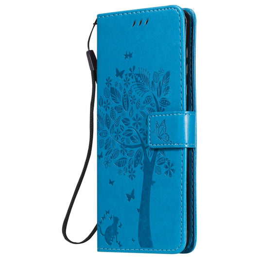 For Motorola Edge Tree & Cat Pattern Pressed Printing Horizontal Flip PU Leather Case with Holder & Card Slots & Wallet & Lanyard(Blue) by buy2fix