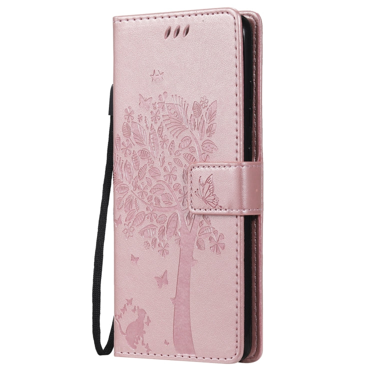 For Samsung Galaxy S20 FE 5G / S20 Lite Tree & Cat Pattern Pressed Printing Horizontal Flip PU Leather Case with Holder & Card Slots & Wallet & Lanyard(Rose Gold) by buy2fix