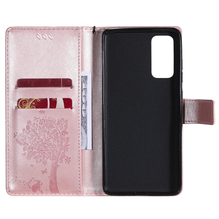 For Samsung Galaxy S20 FE 5G / S20 Lite Tree & Cat Pattern Pressed Printing Horizontal Flip PU Leather Case with Holder & Card Slots & Wallet & Lanyard(Rose Gold) by buy2fix