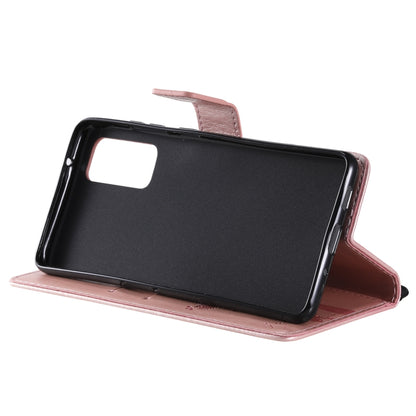 For Samsung Galaxy S20 FE 5G / S20 Lite Tree & Cat Pattern Pressed Printing Horizontal Flip PU Leather Case with Holder & Card Slots & Wallet & Lanyard(Rose Gold) by buy2fix