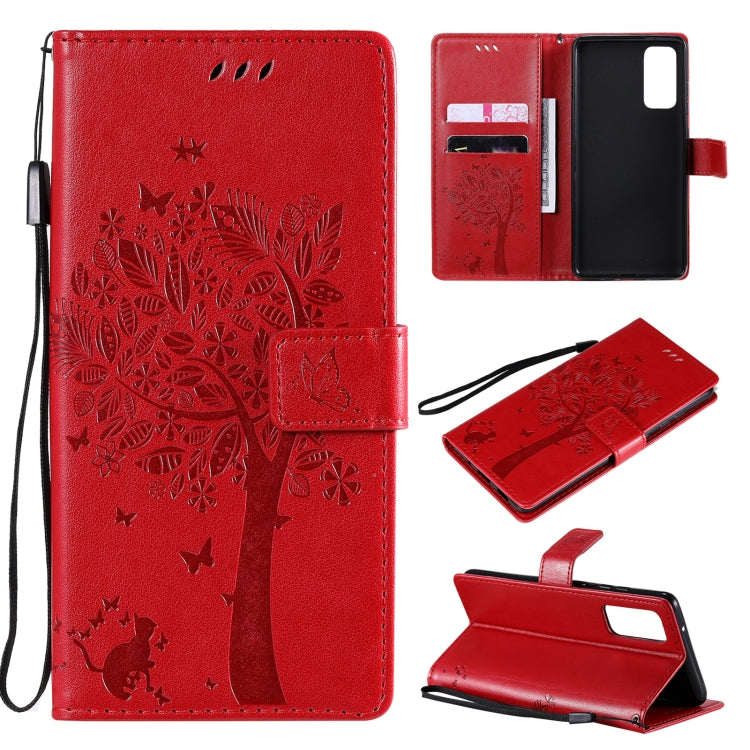 For Samsung Galaxy S20 FE 5G / S20 Lite Tree & Cat Pattern Pressed Printing Horizontal Flip PU Leather Case with Holder & Card Slots & Wallet & Lanyard(Red) by buy2fix