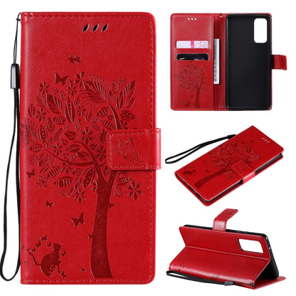 For Samsung Galaxy S20 FE 5G / S20 Lite Tree & Cat Pattern Pressed Printing Horizontal Flip PU Leather Case with Holder & Card Slots & Wallet & Lanyard(Red) by buy2fix