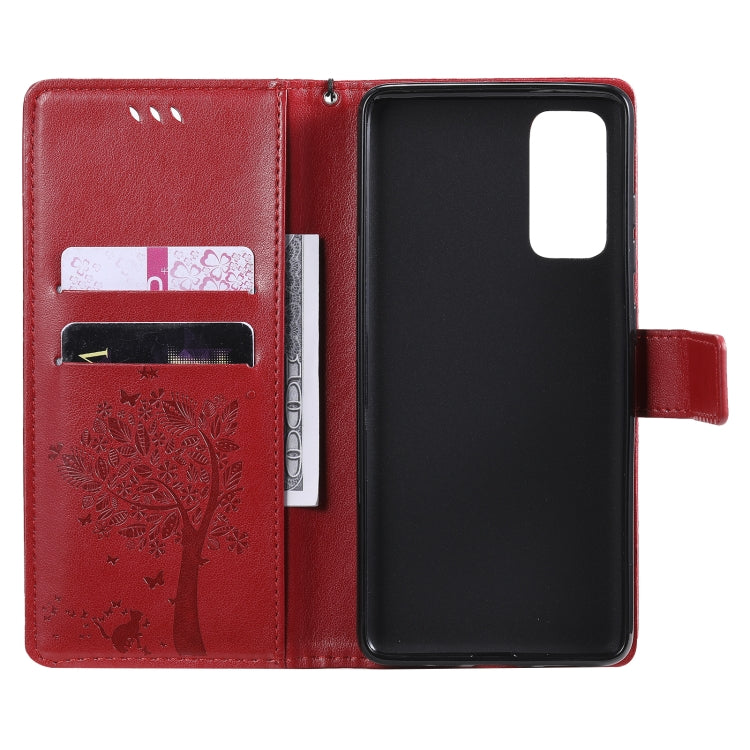 For Samsung Galaxy S20 FE 5G / S20 Lite Tree & Cat Pattern Pressed Printing Horizontal Flip PU Leather Case with Holder & Card Slots & Wallet & Lanyard(Red) by buy2fix
