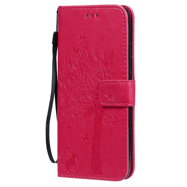 For Xiaomi Redmi 9A Tree & Cat Pattern Pressed Printing Horizontal Flip PU Leather Case with Holder & Card Slots & Wallet & Lanyard(Rose Red) by buy2fix