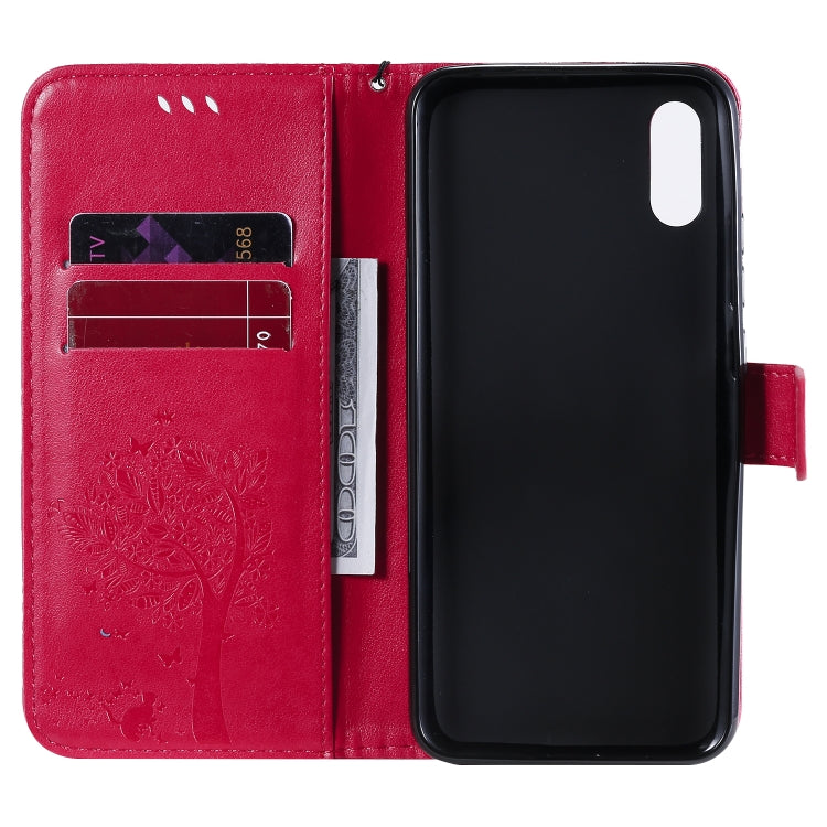 For Xiaomi Redmi 9A Tree & Cat Pattern Pressed Printing Horizontal Flip PU Leather Case with Holder & Card Slots & Wallet & Lanyard(Rose Red) by buy2fix