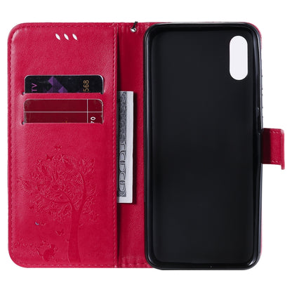 For Xiaomi Redmi 9A Tree & Cat Pattern Pressed Printing Horizontal Flip PU Leather Case with Holder & Card Slots & Wallet & Lanyard(Rose Red) by buy2fix