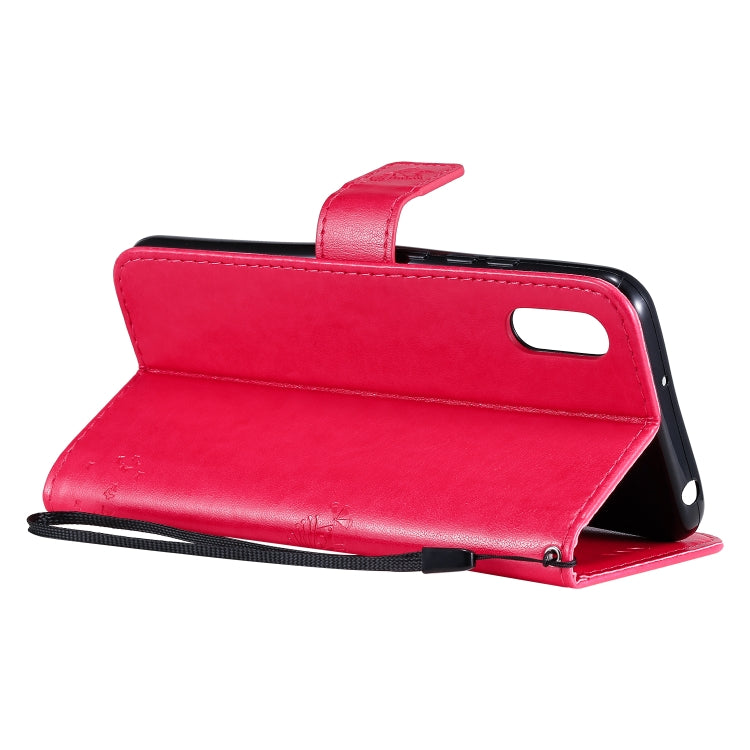 For Xiaomi Redmi 9A Tree & Cat Pattern Pressed Printing Horizontal Flip PU Leather Case with Holder & Card Slots & Wallet & Lanyard(Rose Red) by buy2fix