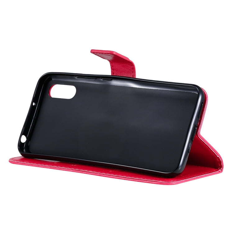 For Xiaomi Redmi 9A Tree & Cat Pattern Pressed Printing Horizontal Flip PU Leather Case with Holder & Card Slots & Wallet & Lanyard(Rose Red) by buy2fix