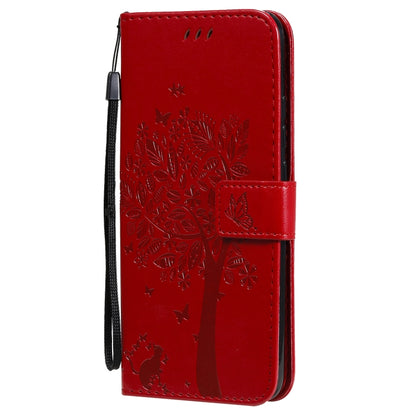 For Xiaomi Redmi 9A Tree & Cat Pattern Pressed Printing Horizontal Flip PU Leather Case with Holder & Card Slots & Wallet & Lanyard(Red) by buy2fix