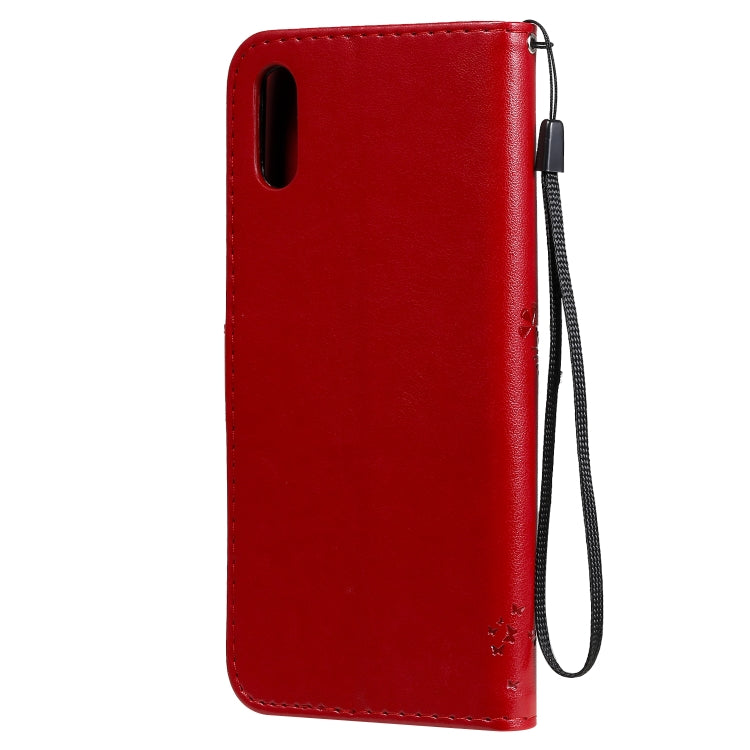 For Xiaomi Redmi 9A Tree & Cat Pattern Pressed Printing Horizontal Flip PU Leather Case with Holder & Card Slots & Wallet & Lanyard(Red) by buy2fix