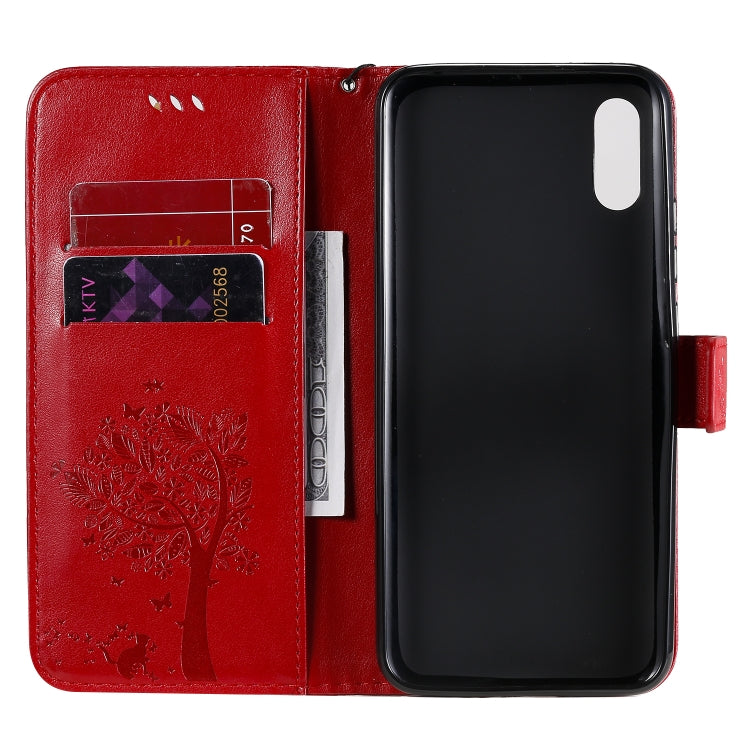 For Xiaomi Redmi 9A Tree & Cat Pattern Pressed Printing Horizontal Flip PU Leather Case with Holder & Card Slots & Wallet & Lanyard(Red) by buy2fix