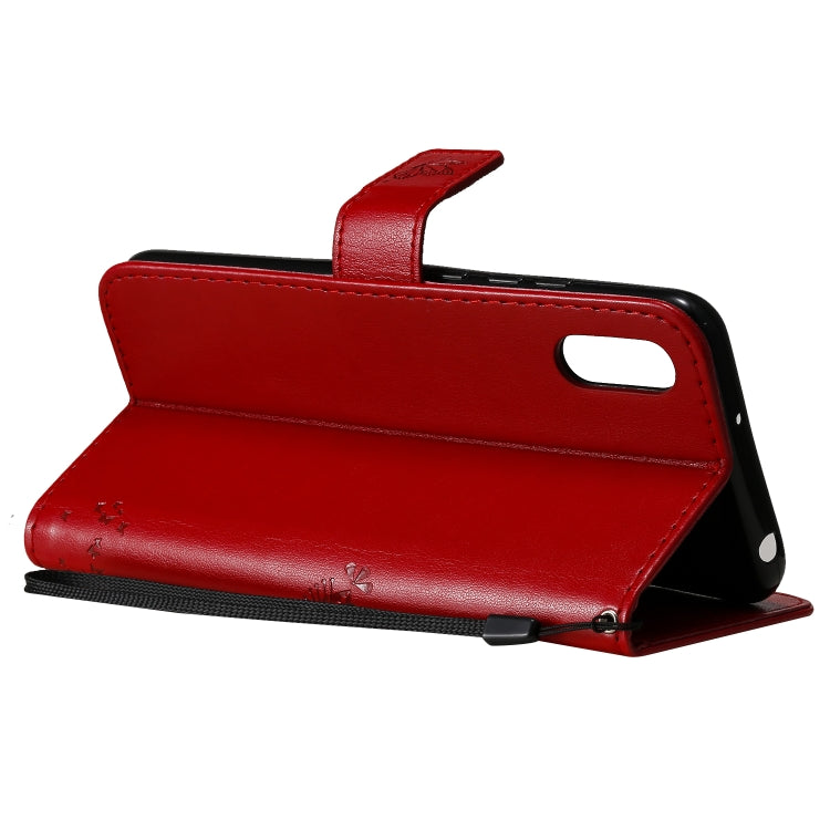 For Xiaomi Redmi 9A Tree & Cat Pattern Pressed Printing Horizontal Flip PU Leather Case with Holder & Card Slots & Wallet & Lanyard(Red) by buy2fix