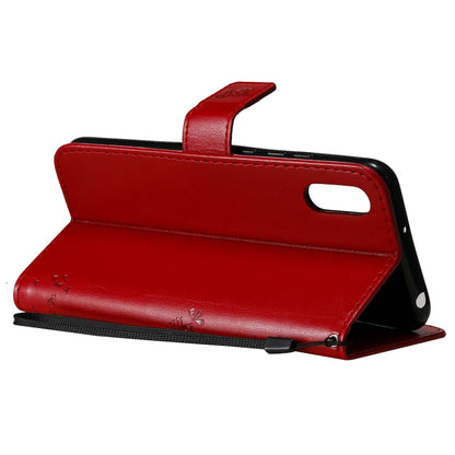 For Xiaomi Redmi 9A Tree & Cat Pattern Pressed Printing Horizontal Flip PU Leather Case with Holder & Card Slots & Wallet & Lanyard(Red) by buy2fix