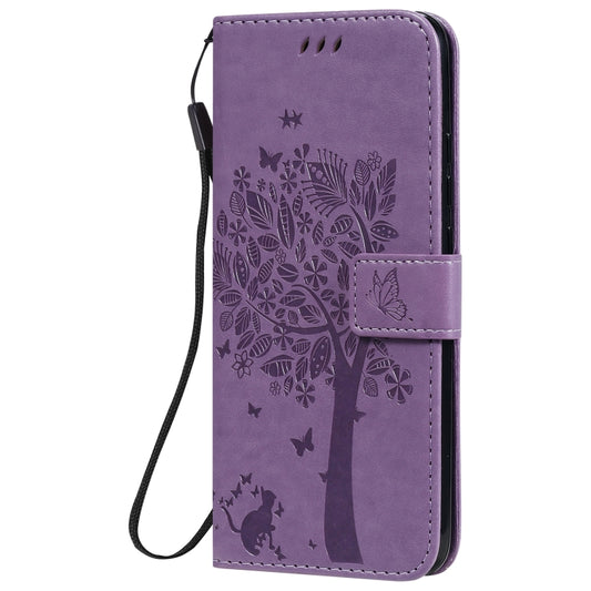 For Xiaomi Redmi 9C Tree & Cat Pattern Pressed Printing Horizontal Flip PU Leather Case with Holder & Card Slots & Wallet & Lanyard(Light Purple) by buy2fix