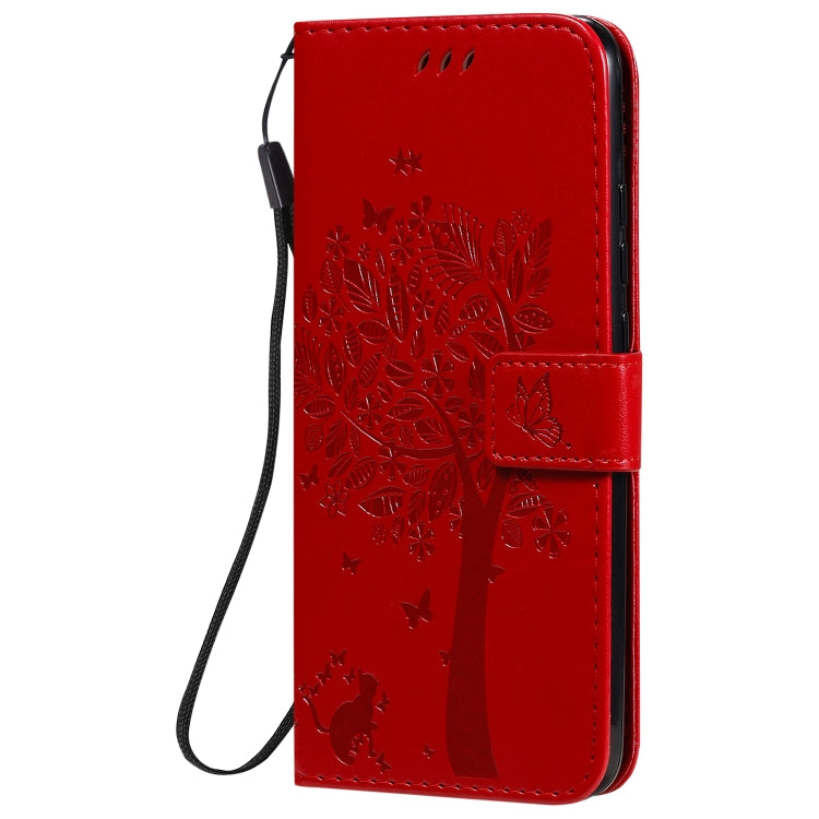 For Xiaomi Redmi 9C Tree & Cat Pattern Pressed Printing Horizontal Flip PU Leather Case with Holder & Card Slots & Wallet & Lanyard(Red) by buy2fix
