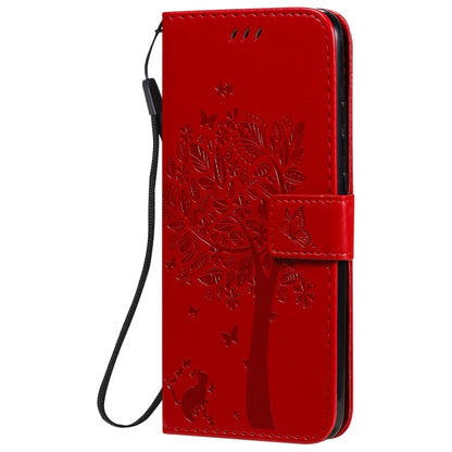For Xiaomi Redmi 9C Tree & Cat Pattern Pressed Printing Horizontal Flip PU Leather Case with Holder & Card Slots & Wallet & Lanyard(Red) by buy2fix
