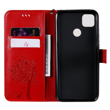 For Xiaomi Redmi 9C Tree & Cat Pattern Pressed Printing Horizontal Flip PU Leather Case with Holder & Card Slots & Wallet & Lanyard(Red) by buy2fix