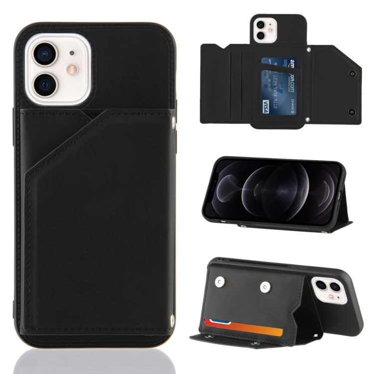 For iPhone 12 / 12 Pro Skin Feel PU + TPU + PC Back Cover Shockproof Case with Card Slots & Holder & Photo Frame(Black) by buy2fix