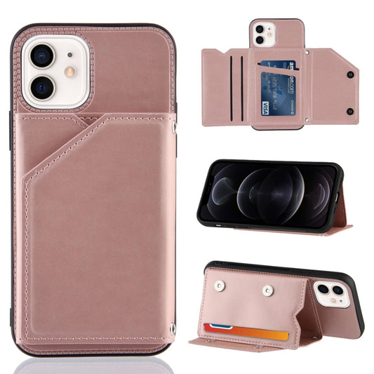 For iPhone 12 / 12 Pro Skin Feel PU + TPU + PC Back Cover Shockproof Case with Card Slots & Holder & Photo Frame(Rose Gold) by buy2fix