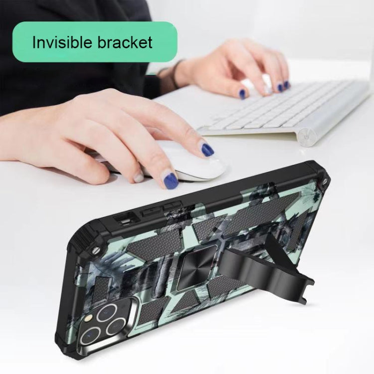 For iPhone 12 / 12 Pro Camouflage Armor Shockproof TPU + PC Magnetic Protective Case with Holder(Army Green) by buy2fix