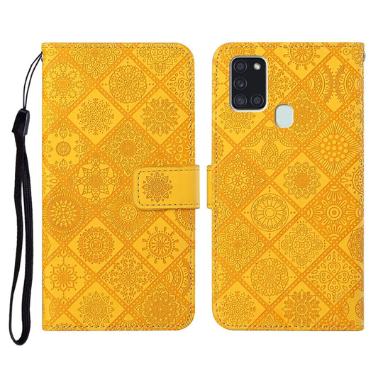 For Samsung Galaxy A21s Ethnic Style Embossed Pattern Horizontal Flip Leather Case with Holder & Card Slots & Wallet & Lanyard(Yellow)