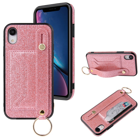 For iPhone XS Max Glitter Powder PU+TPU Shockproof Protective Case with Holder & Card Slots & Wrist Strap(Pink) by buy2fix