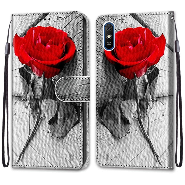 For Xiaomi Redmi 9A Coloured Drawing Cross Texture Horizontal Flip PU Leather Case with Holder & Card Slots & Wallet & Lanyard(Wood Red Rose) - Xiaomi Cases by buy2fix | Online Shopping UK | buy2fix