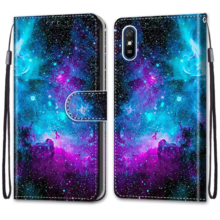 For Xiaomi Redmi 9A Coloured Drawing Cross Texture Horizontal Flip PU Leather Case with Holder & Card Slots & Wallet & Lanyard(Purple Green Starry Sky) - Xiaomi Cases by buy2fix | Online Shopping UK | buy2fix