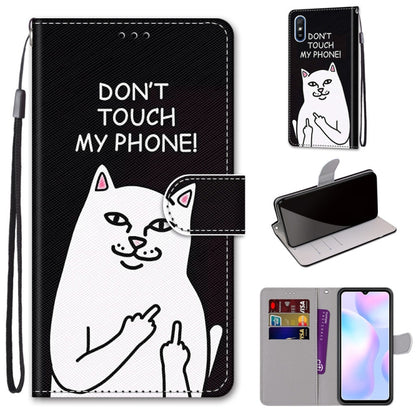 For Xiaomi Redmi 9A Coloured Drawing Cross Texture Horizontal Flip PU Leather Case with Holder & Card Slots & Wallet & Lanyard(Middle Finger White Cat) - Xiaomi Cases by buy2fix | Online Shopping UK | buy2fix