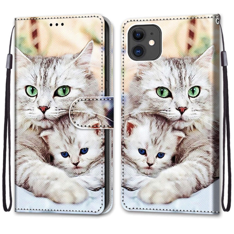 For iPhone 11 Coloured Drawing Cross Texture Horizontal Flip PU Leather Case with Holder & Card Slots & Wallet & Lanyard (Big Cat Holding Kitten) by buy2fix