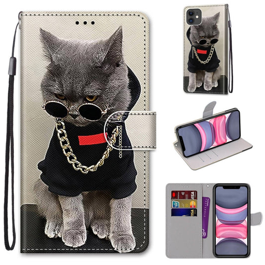 For iPhone 11 Coloured Drawing Cross Texture Horizontal Flip PU Leather Case with Holder & Card Slots & Wallet & Lanyard (B09 Golden Chain Grey Cat) by buy2fix